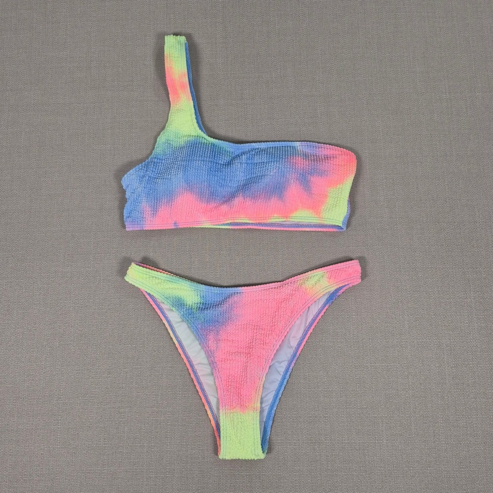 Women Tie Dye One Shoulder Smocked Bikini Set Neon Pink Blue Yellow Size M